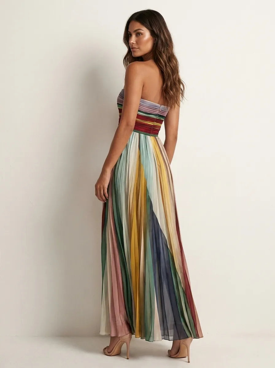 Women's Colorful Pleated Maxi Dress in Beige