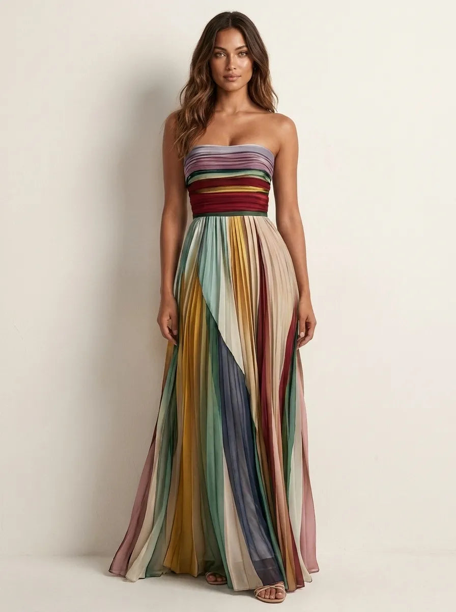 Women's Colorful Pleated Maxi Dress in Beige