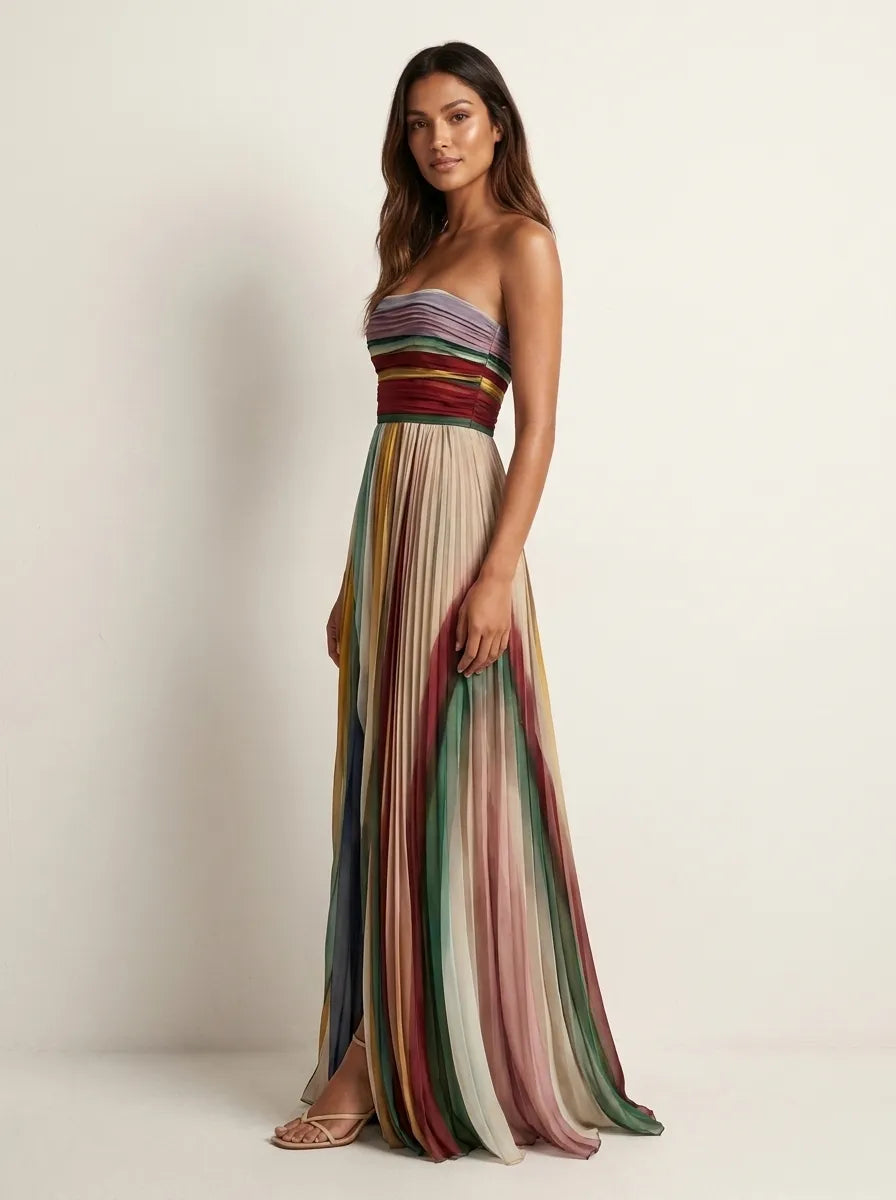 Women's Colorful Pleated Maxi Dress in Beige