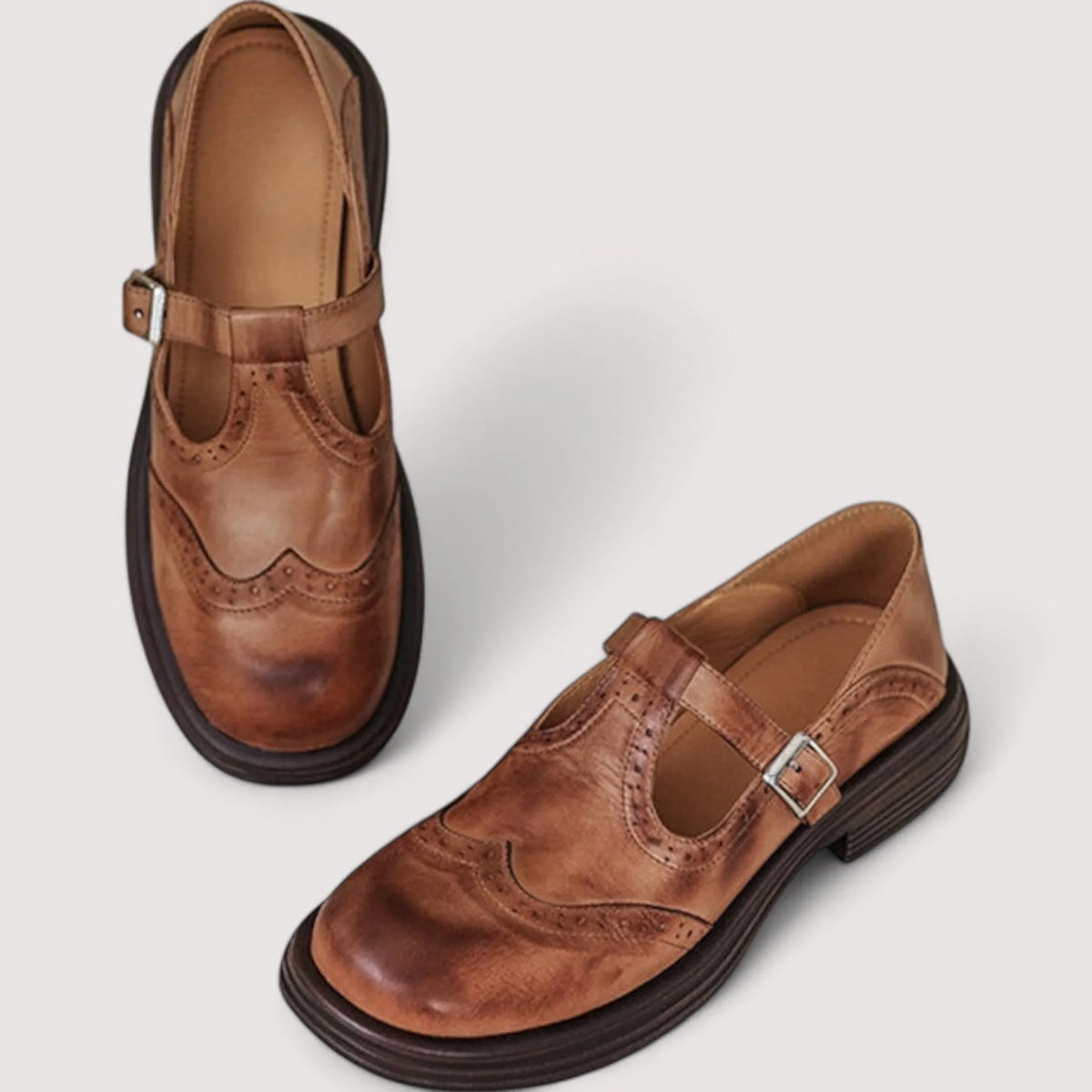 Women's Comfortable Mary Jane Leather Ballet Flats with Strap