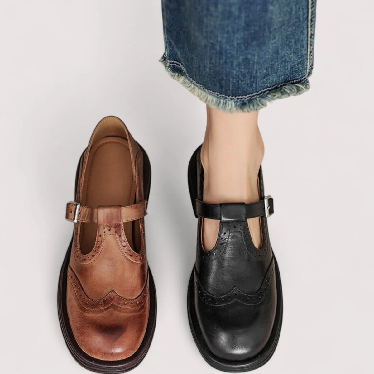 Women's Comfortable Mary Jane Leather Ballet Flats with Strap