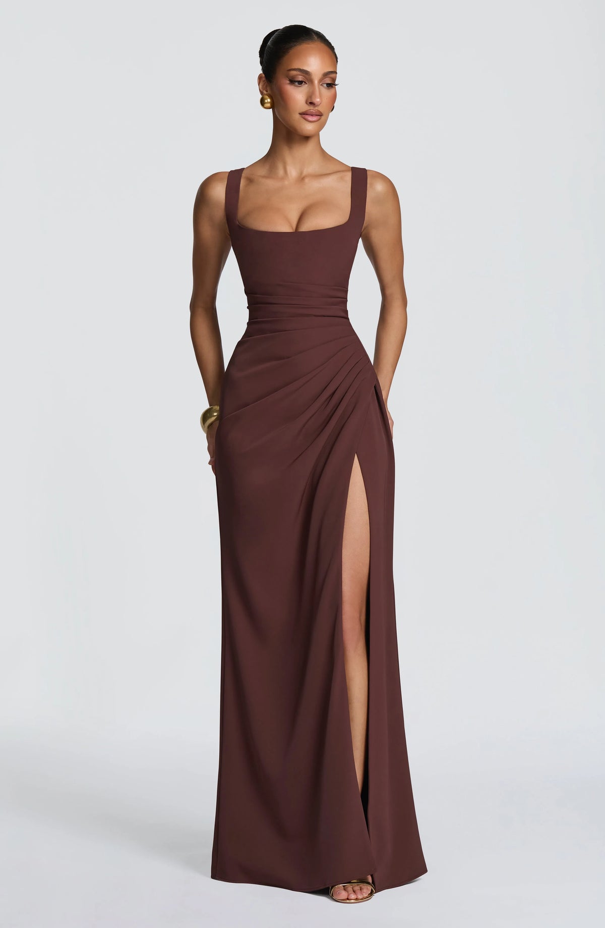 Women's Corset Draped Twill Maxi Dress with High Slit