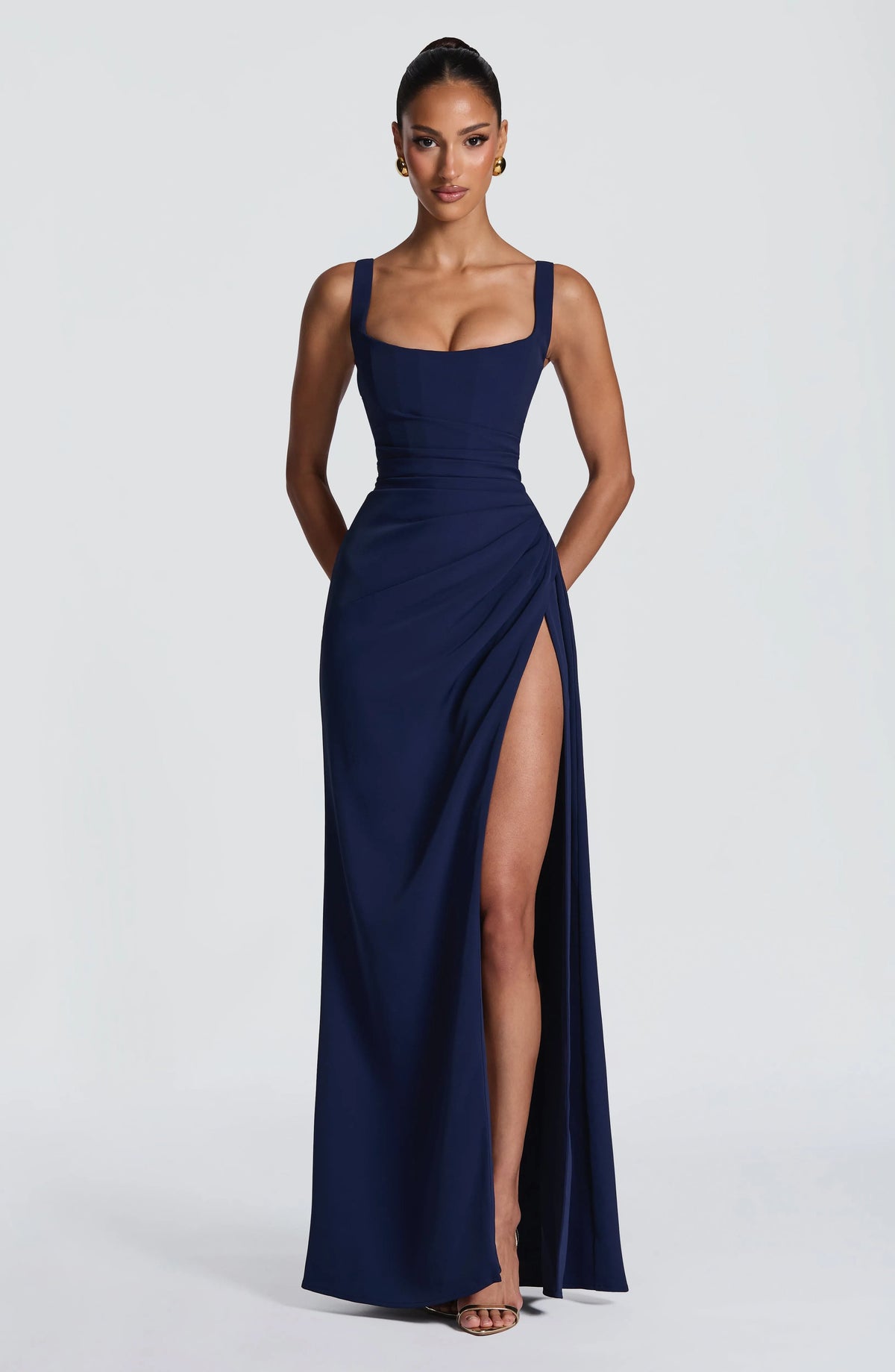 Women's Corset Draped Twill Maxi Dress with High Slit