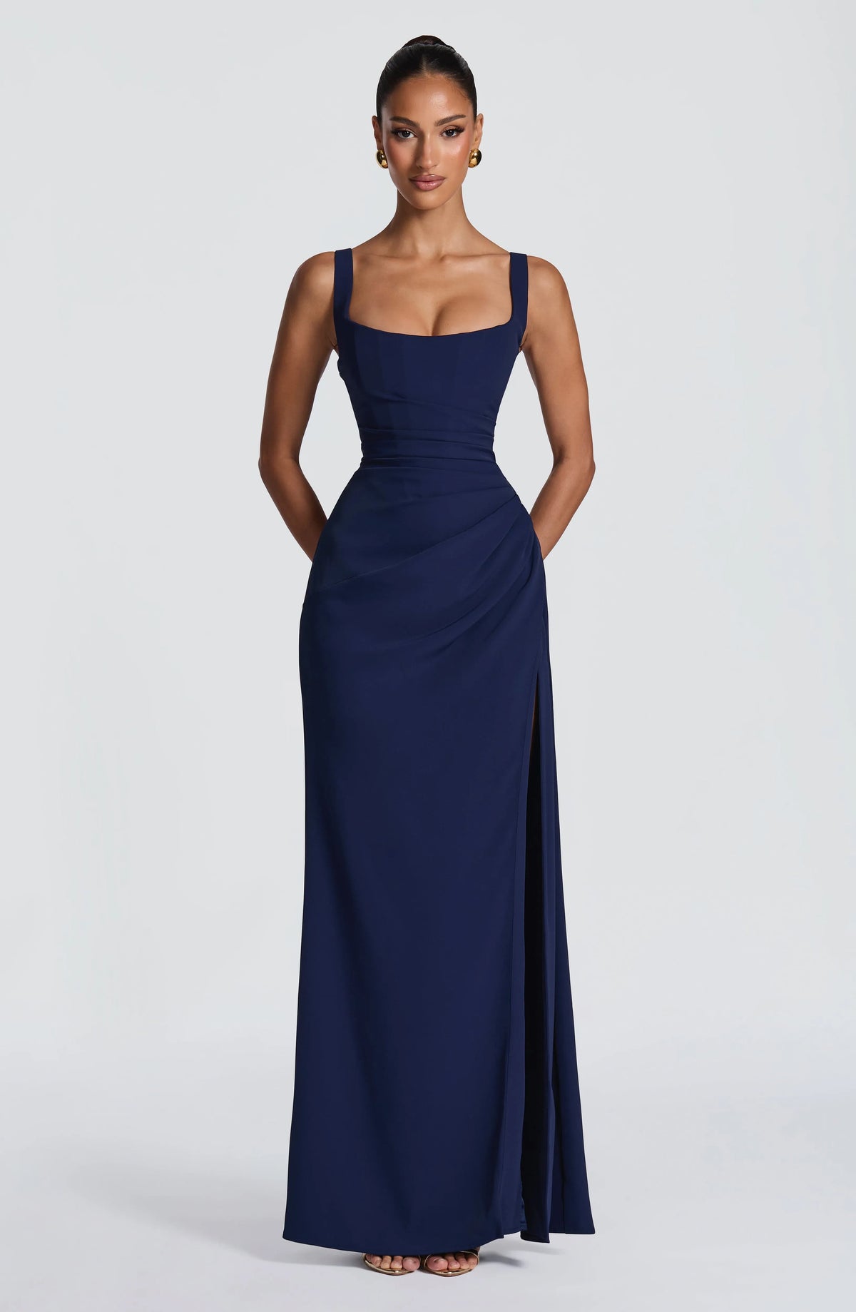 Women's Corset Draped Twill Maxi Dress with High Slit