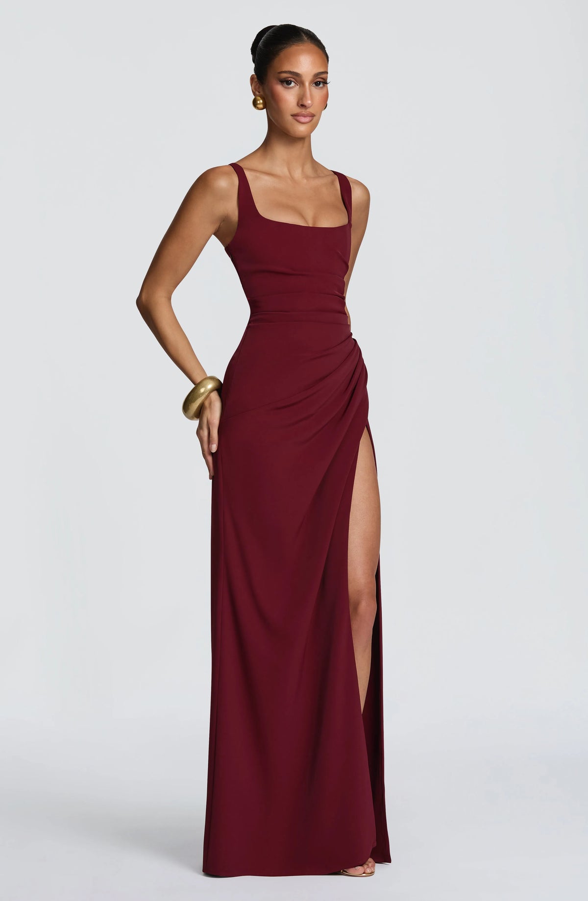 Women's Corset Draped Twill Maxi Dress with High Slit