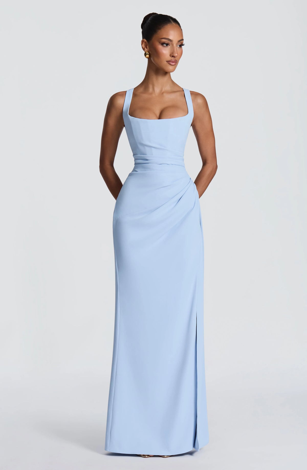 Women's Corset Draped Twill Maxi Dress with High Slit