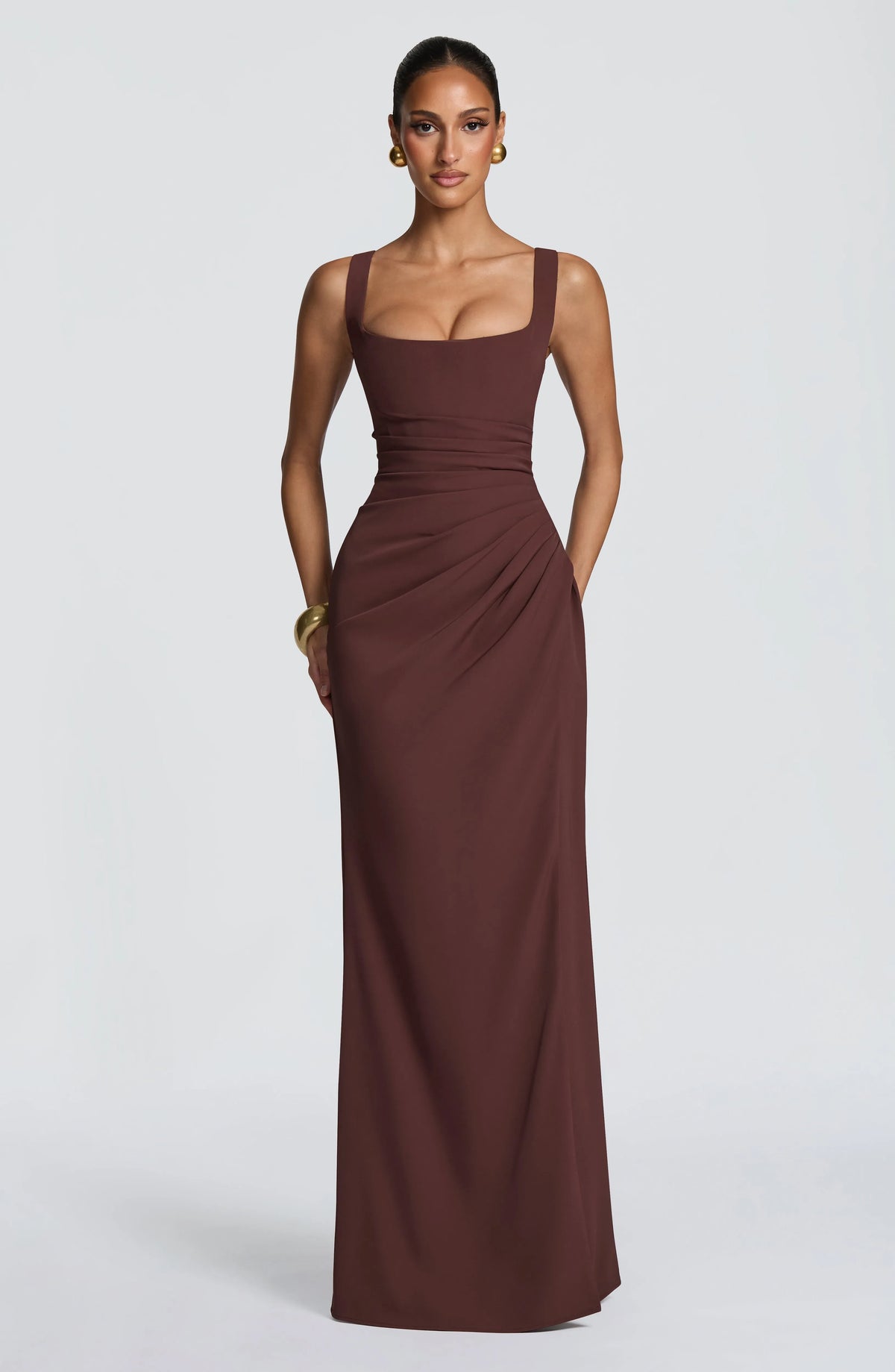 Women's Corset Draped Twill Maxi Dress with High Slit
