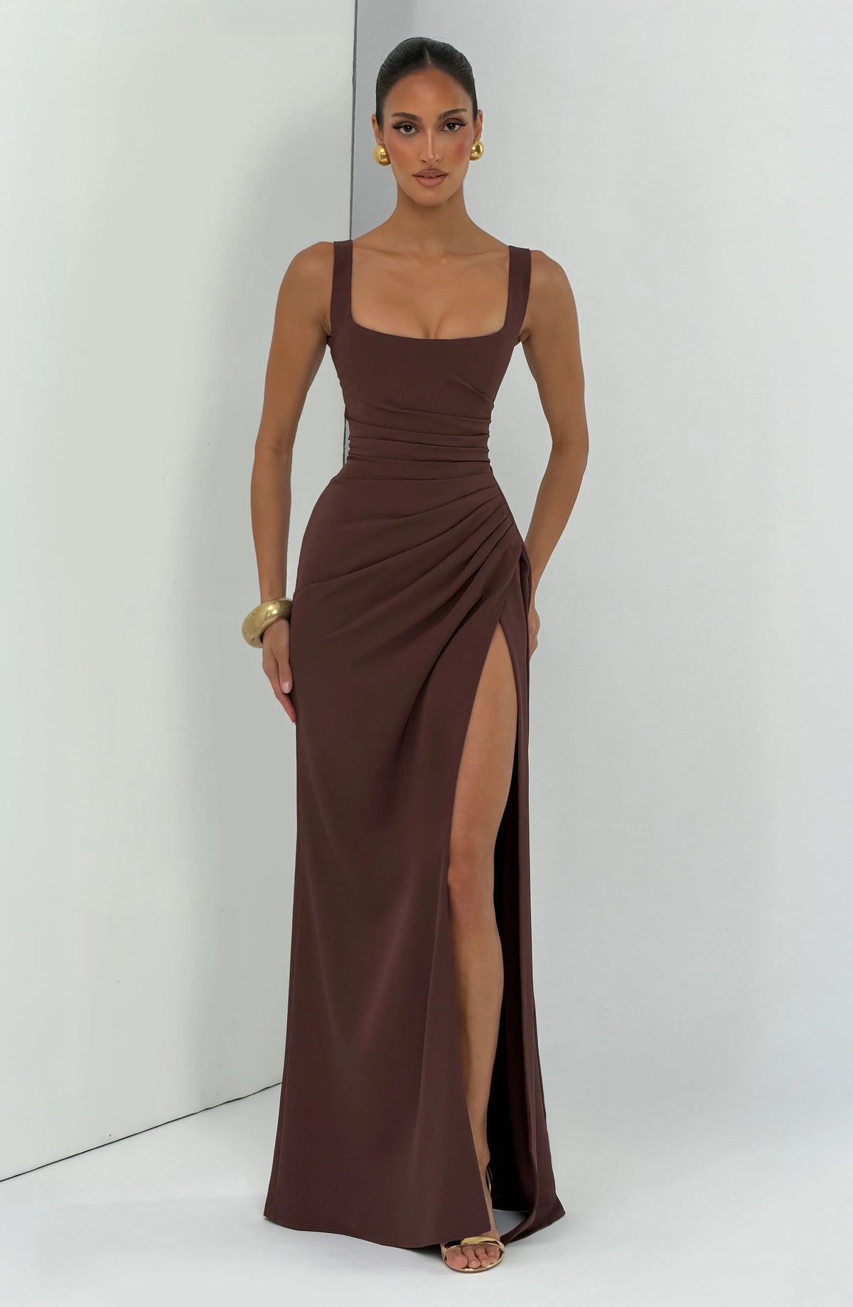 Women's Corset Draped Twill Maxi Dress with High Slit