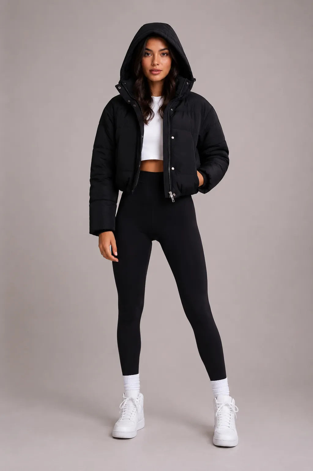 Women's Cropped Quilted Puffer Jacket with Fitted Hood
