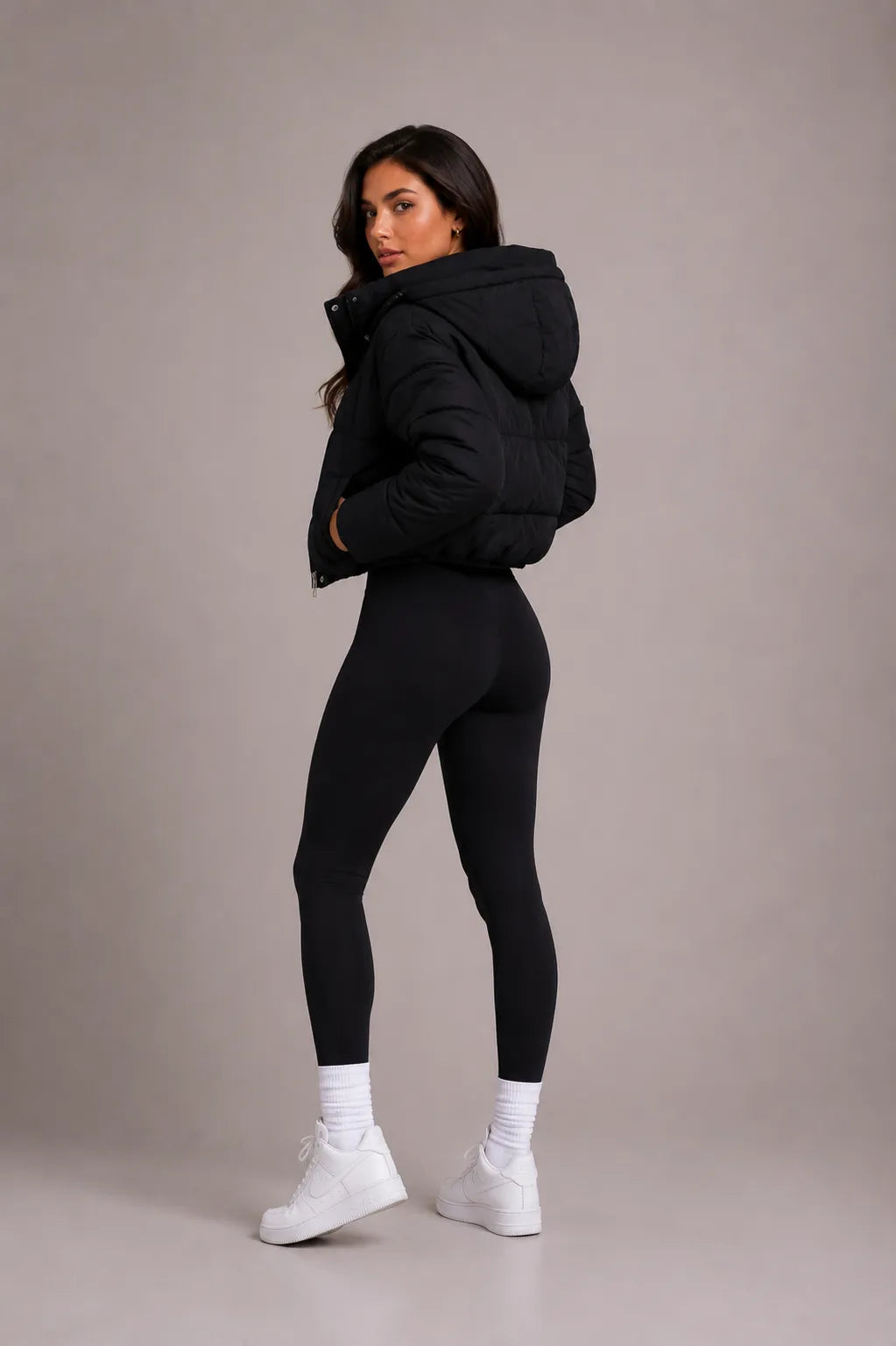 Women's Cropped Quilted Puffer Jacket with Fitted Hood