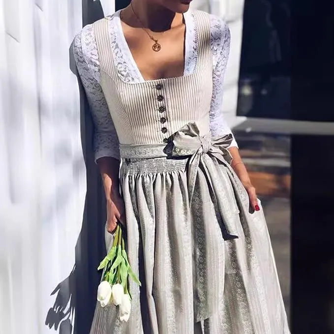 Women's Dirndl Dress Set with Button Front and Apron
