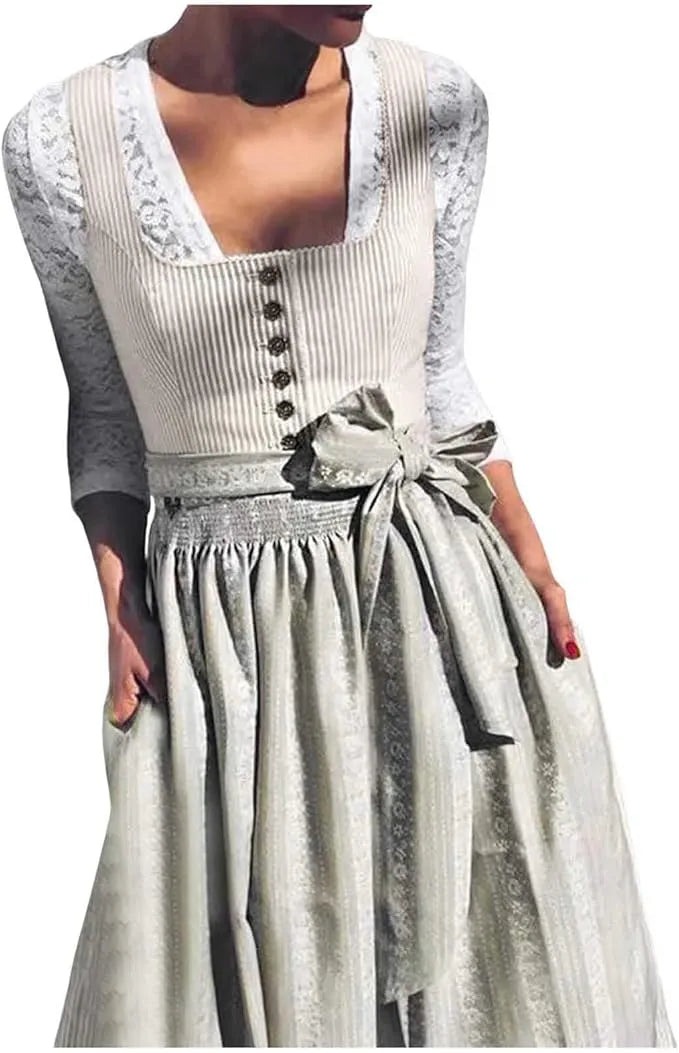 Women's Dirndl Dress Set with Button Front and Apron