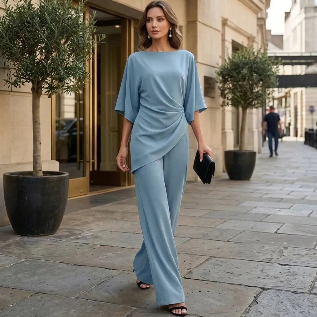 Women's Draped Blouse and Wide-Leg Pants Two-Piece Set