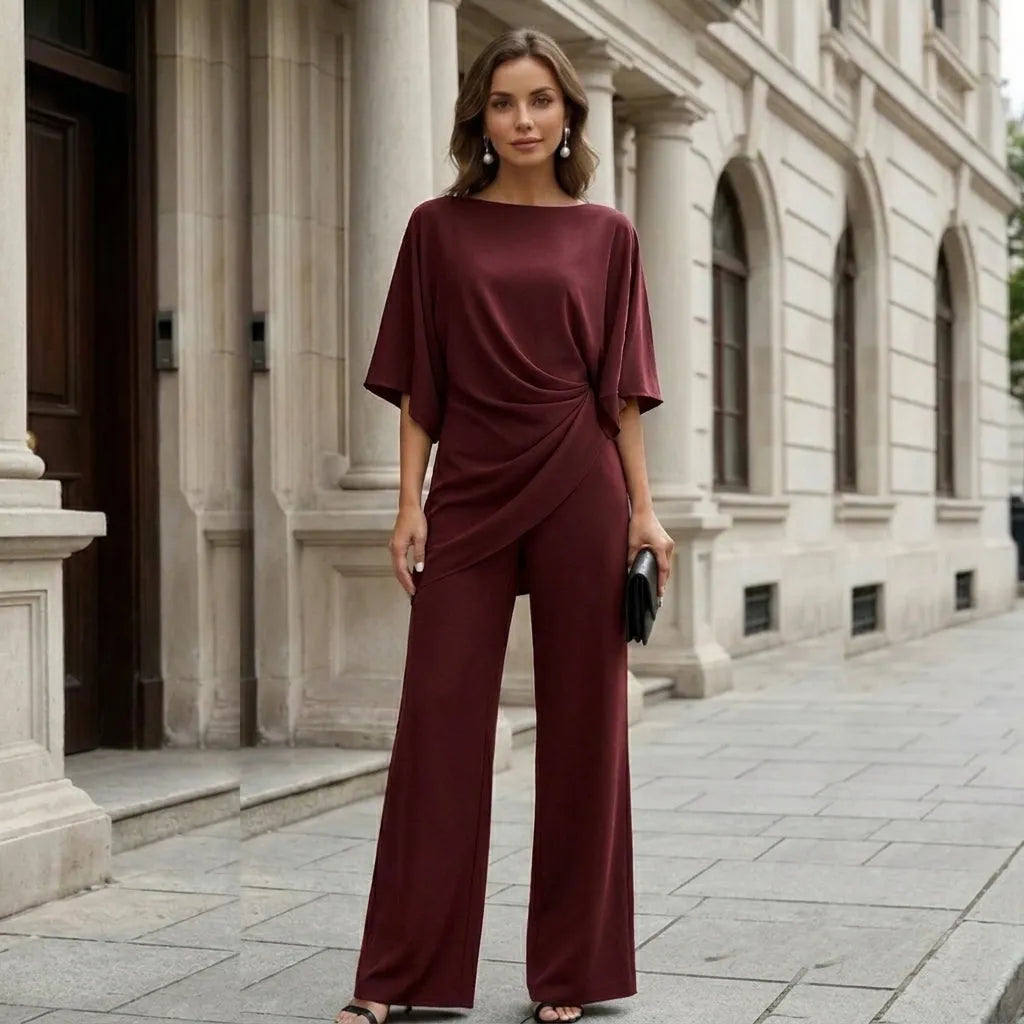 Women's Draped Blouse and Wide-Leg Pants Two-Piece Set