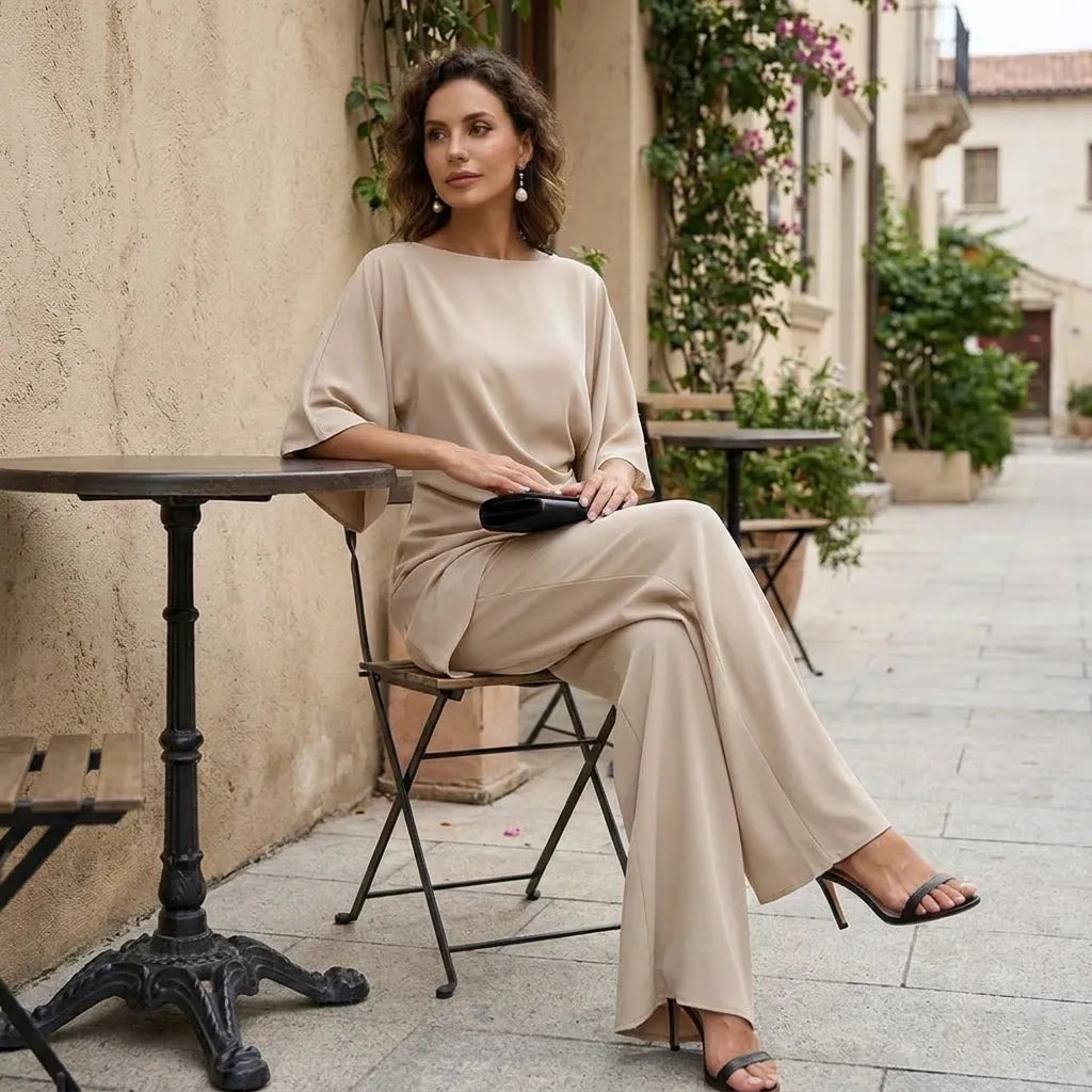 Women's Draped Blouse and Wide-Leg Pants Two-Piece Set