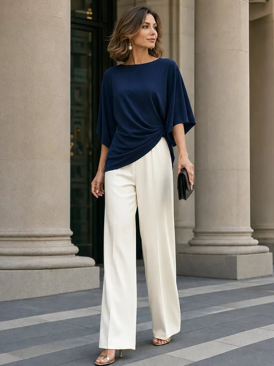 Women's Draped Blouse and Wide-Leg Pants Two-Piece Set