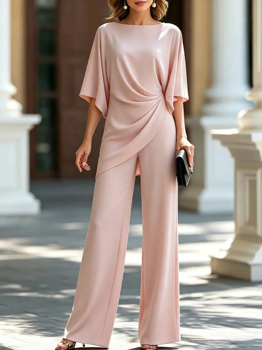 Women's Draped Blouse and Wide-Leg Pants Two-Piece Set