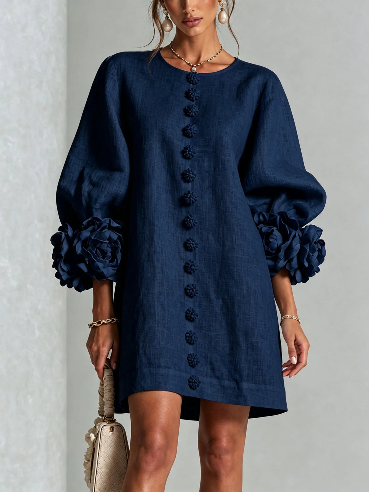 Women's Elegant A-Line Dress with Puff Sleeves