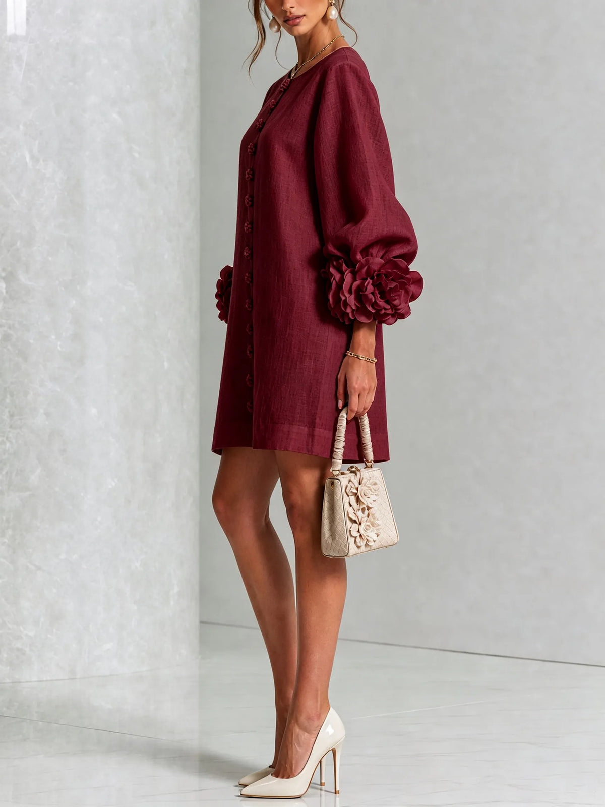 Women's Elegant A-Line Dress with Puff Sleeves