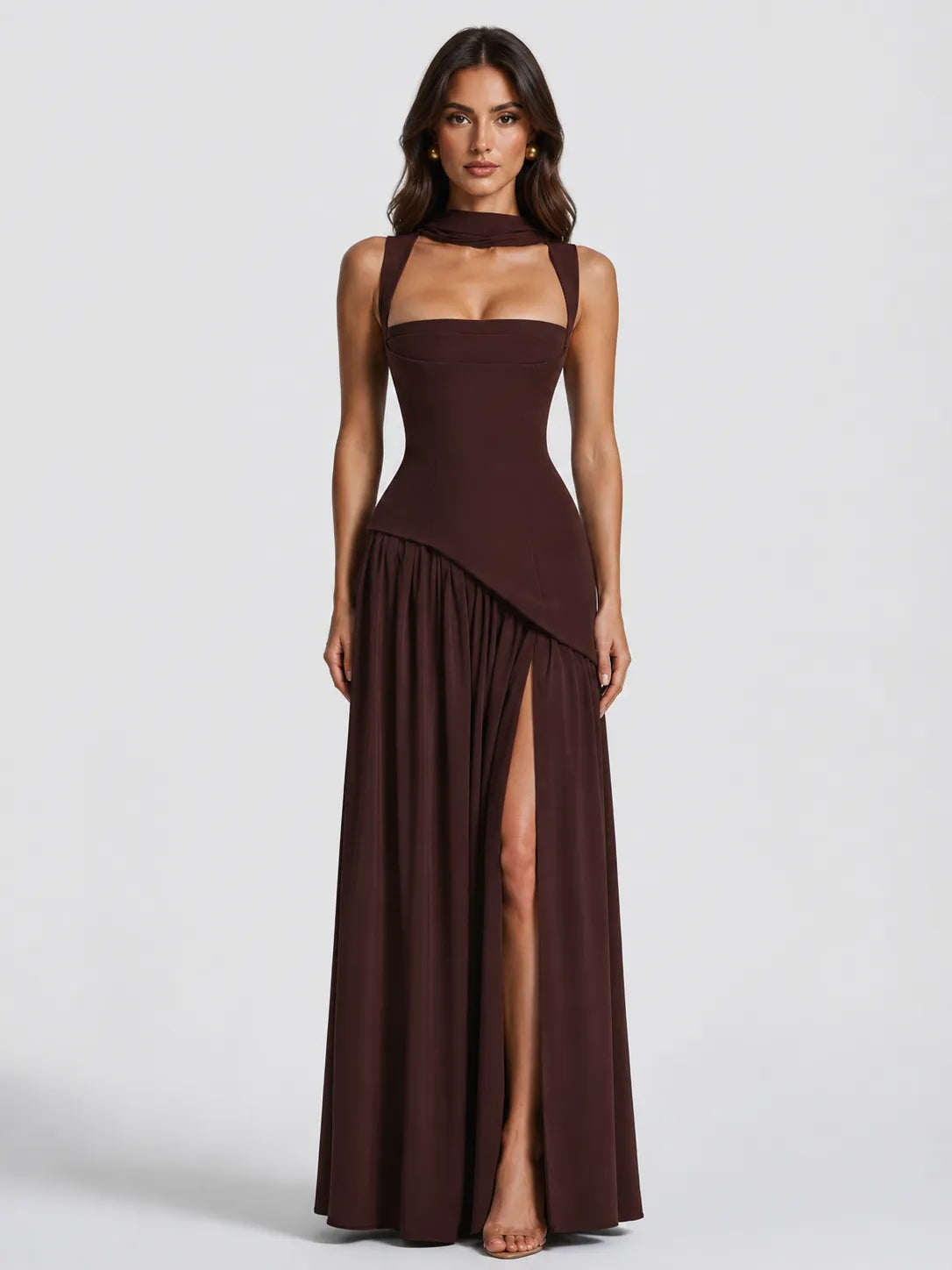 Women's Elegant Draped Satin-Effect Maxi Dress