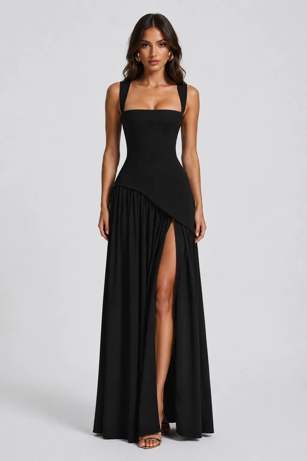 Women's Elegant Draped Satin-Effect Maxi Dress
