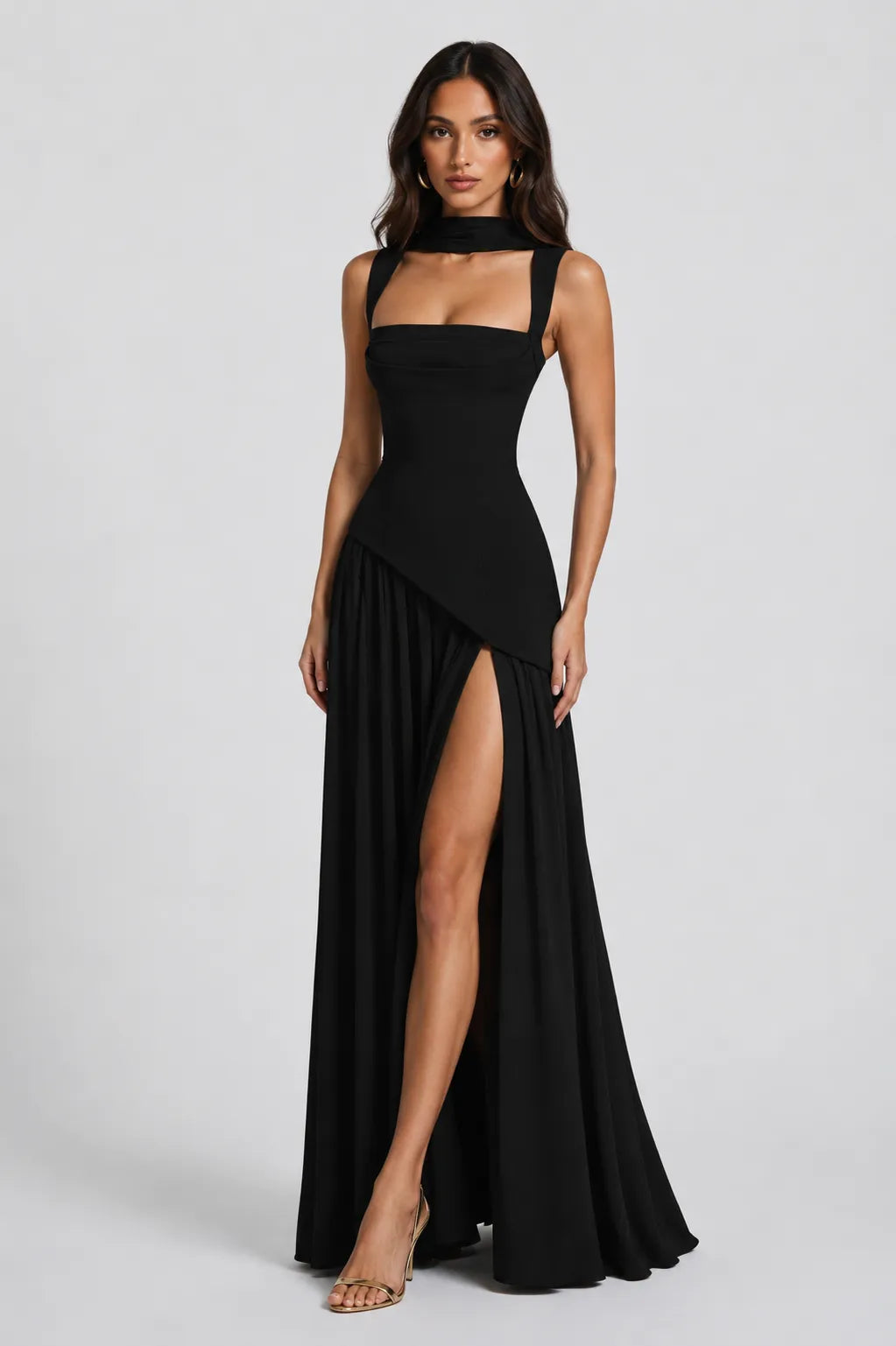 Women's Elegant Draped Satin-Effect Maxi Dress