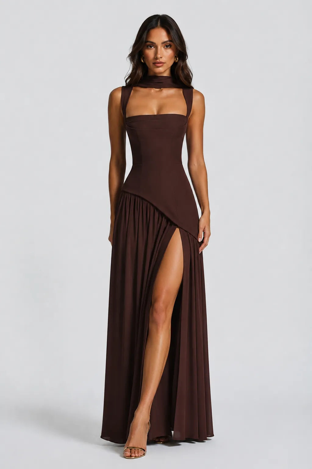 Women's Elegant Draped Satin-Effect Maxi Dress