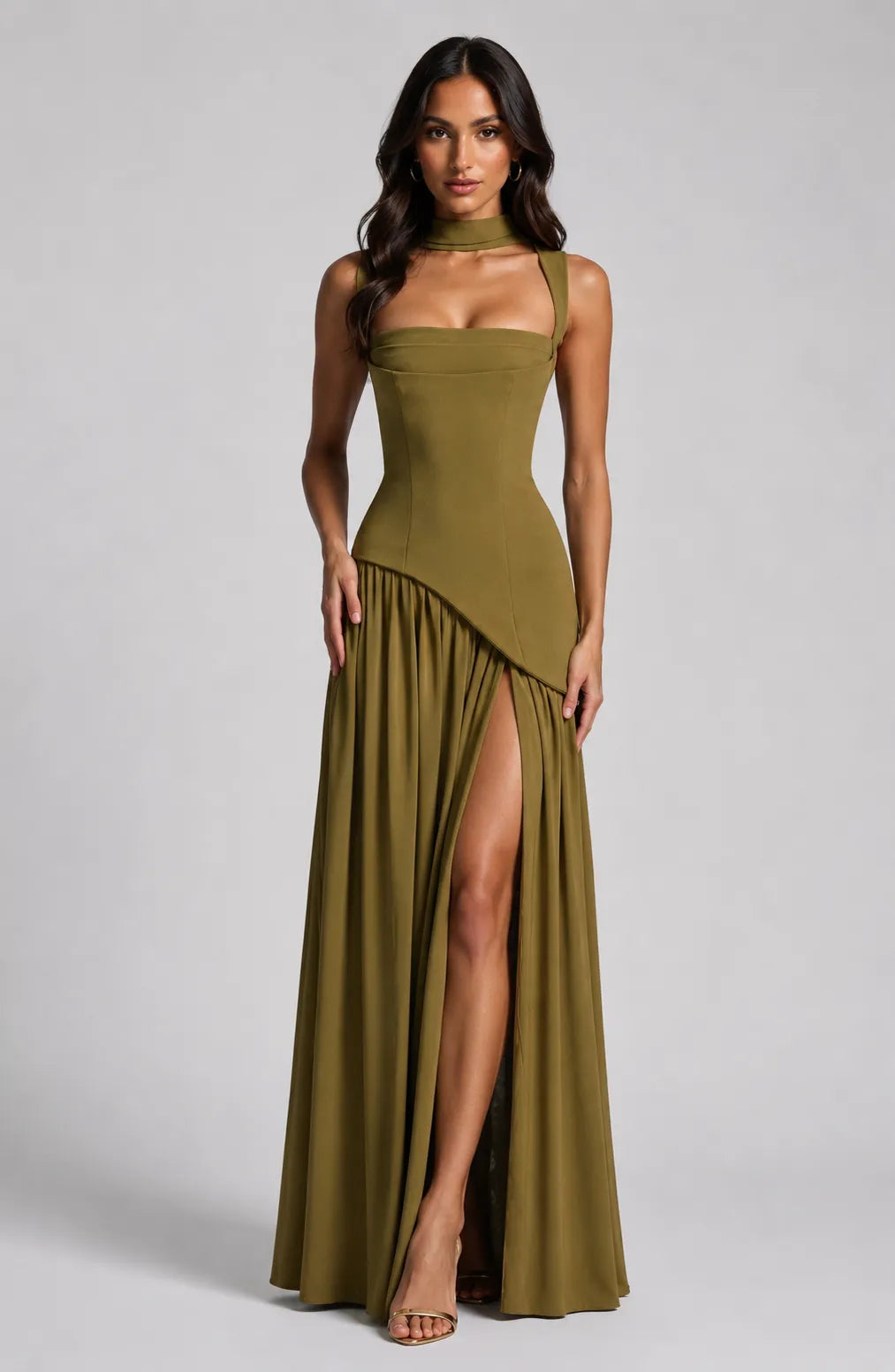 Women's Elegant Draped Satin-Effect Maxi Dress