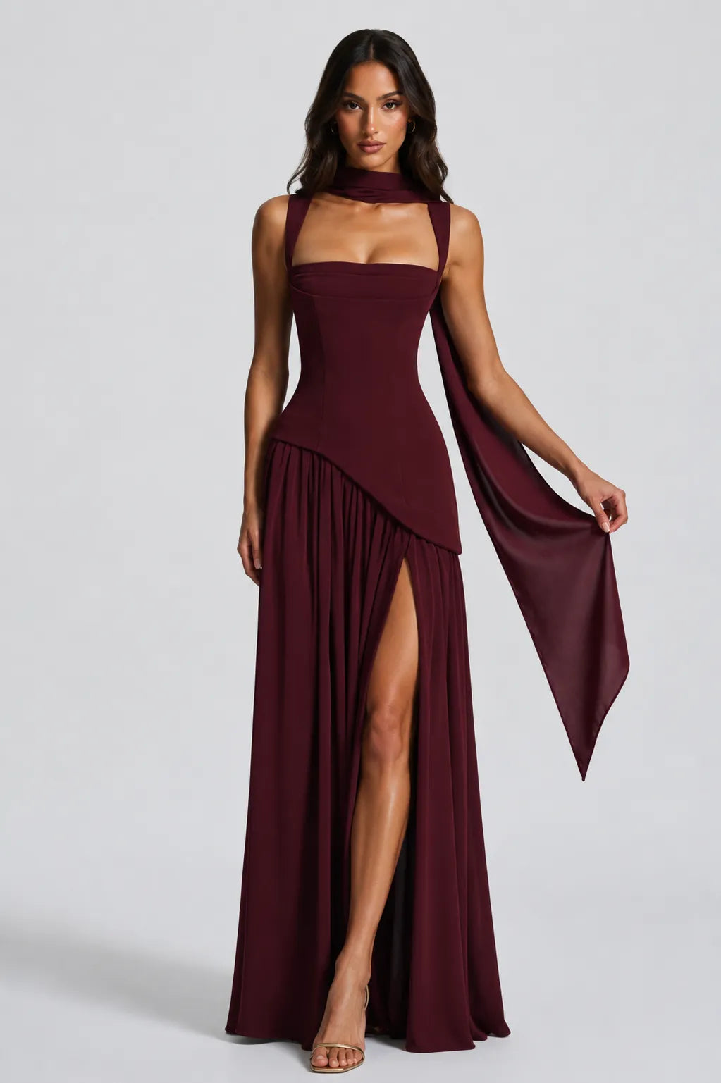 Women's Elegant Draped Satin-Effect Maxi Dress