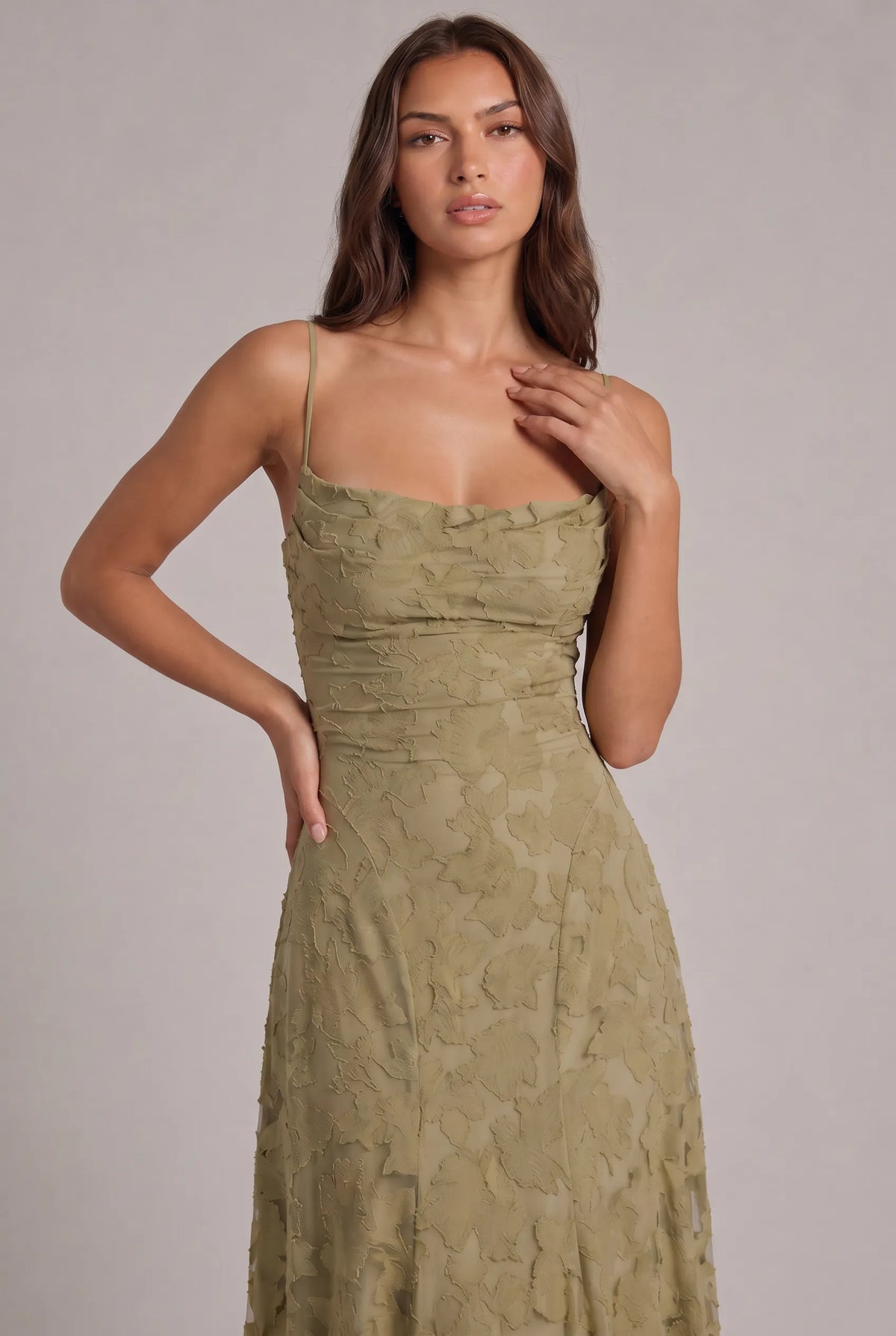 Women's Elegant Floral Textured Maxi Dress with Adjustable Neckline
