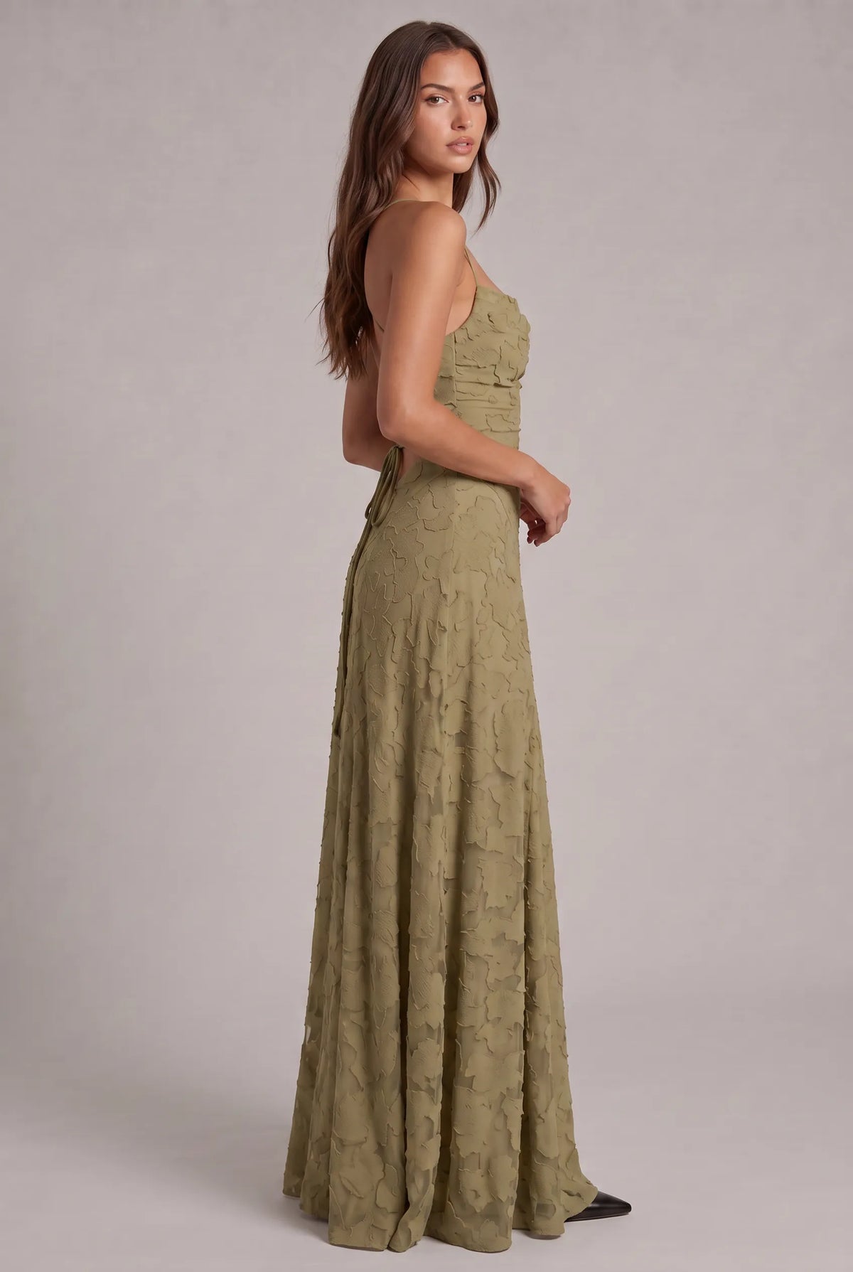 Women's Elegant Floral Textured Maxi Dress with Adjustable Neckline