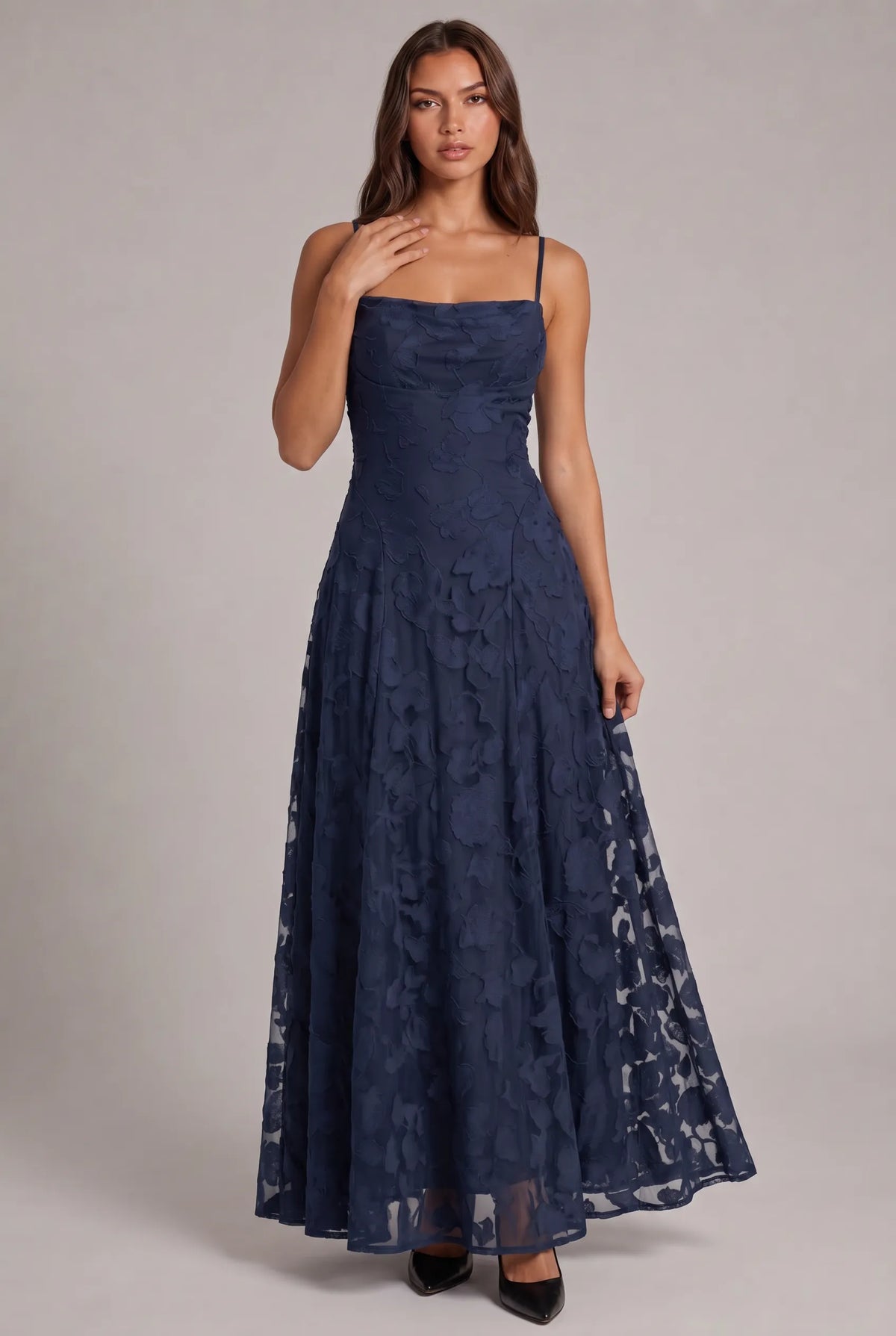Women's Elegant Floral Textured Maxi Dress with Adjustable Neckline
