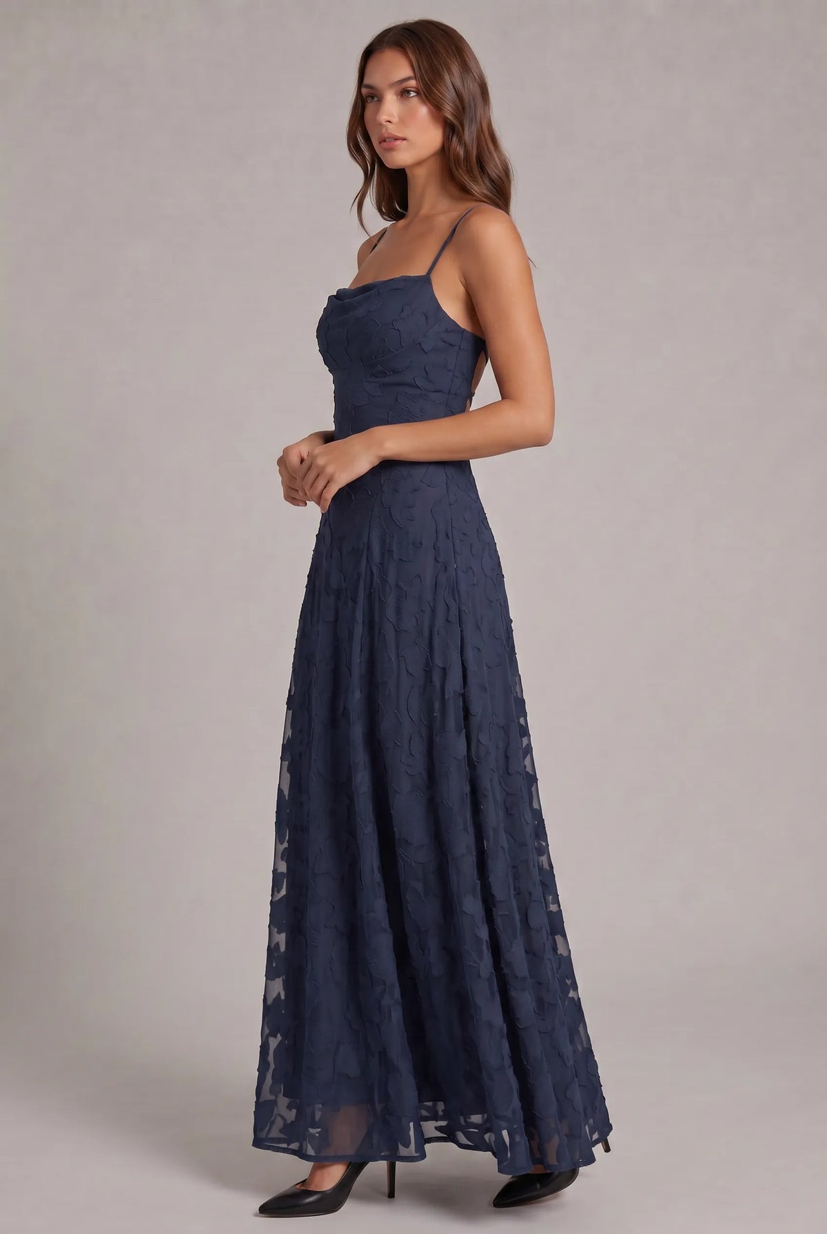 Women's Elegant Floral Textured Maxi Dress with Adjustable Neckline