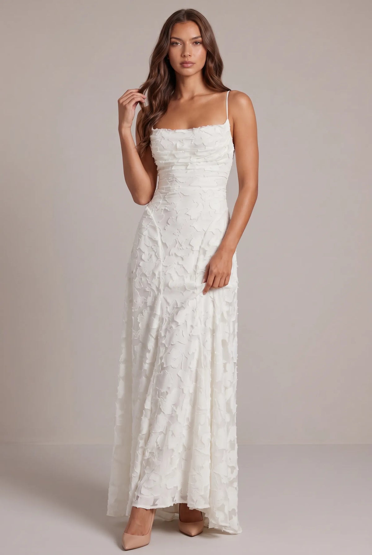 Women's Elegant Floral Textured Maxi Dress with Adjustable Neckline