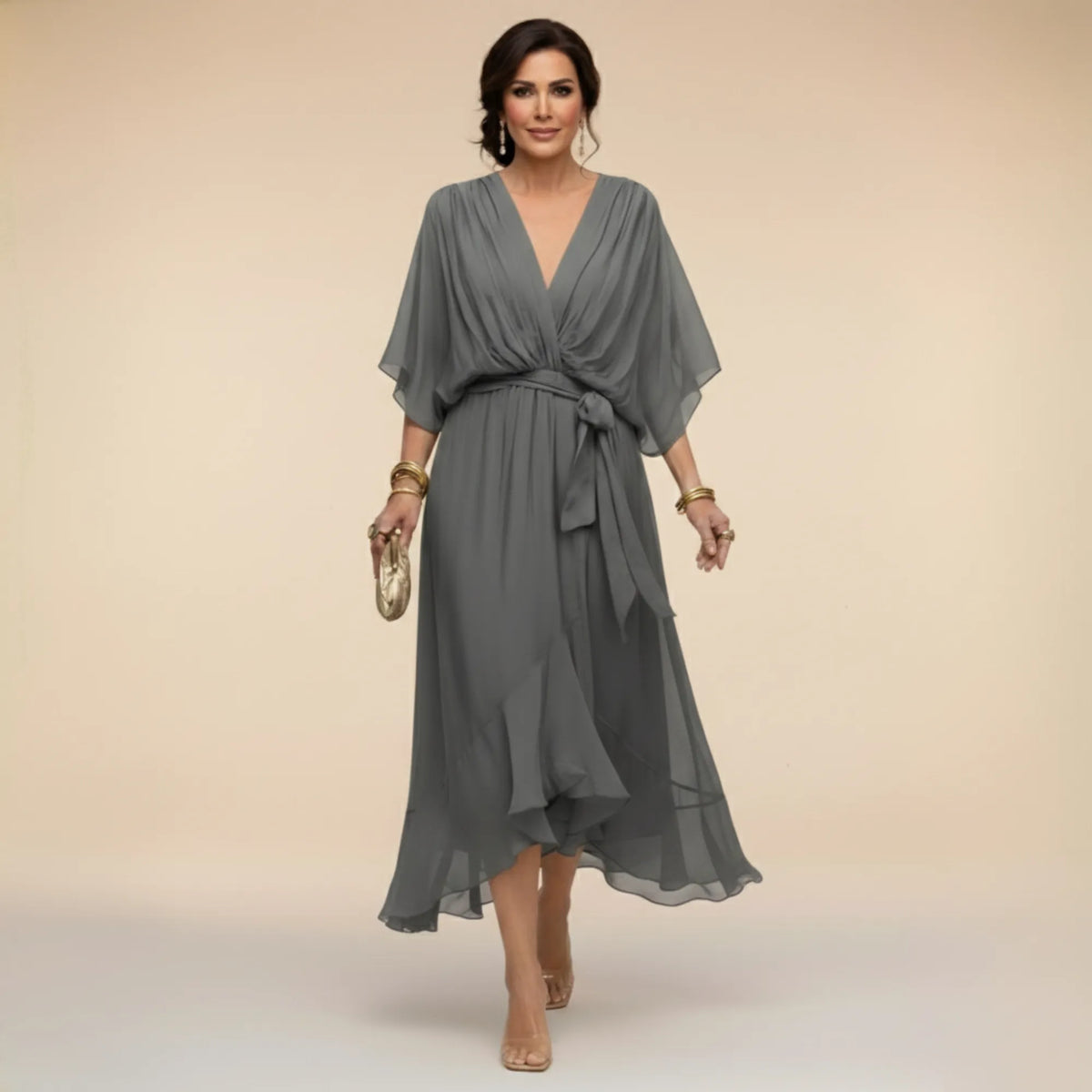 Women's Elegant Flowy Midi Dress with V-Neck and Tie Waist