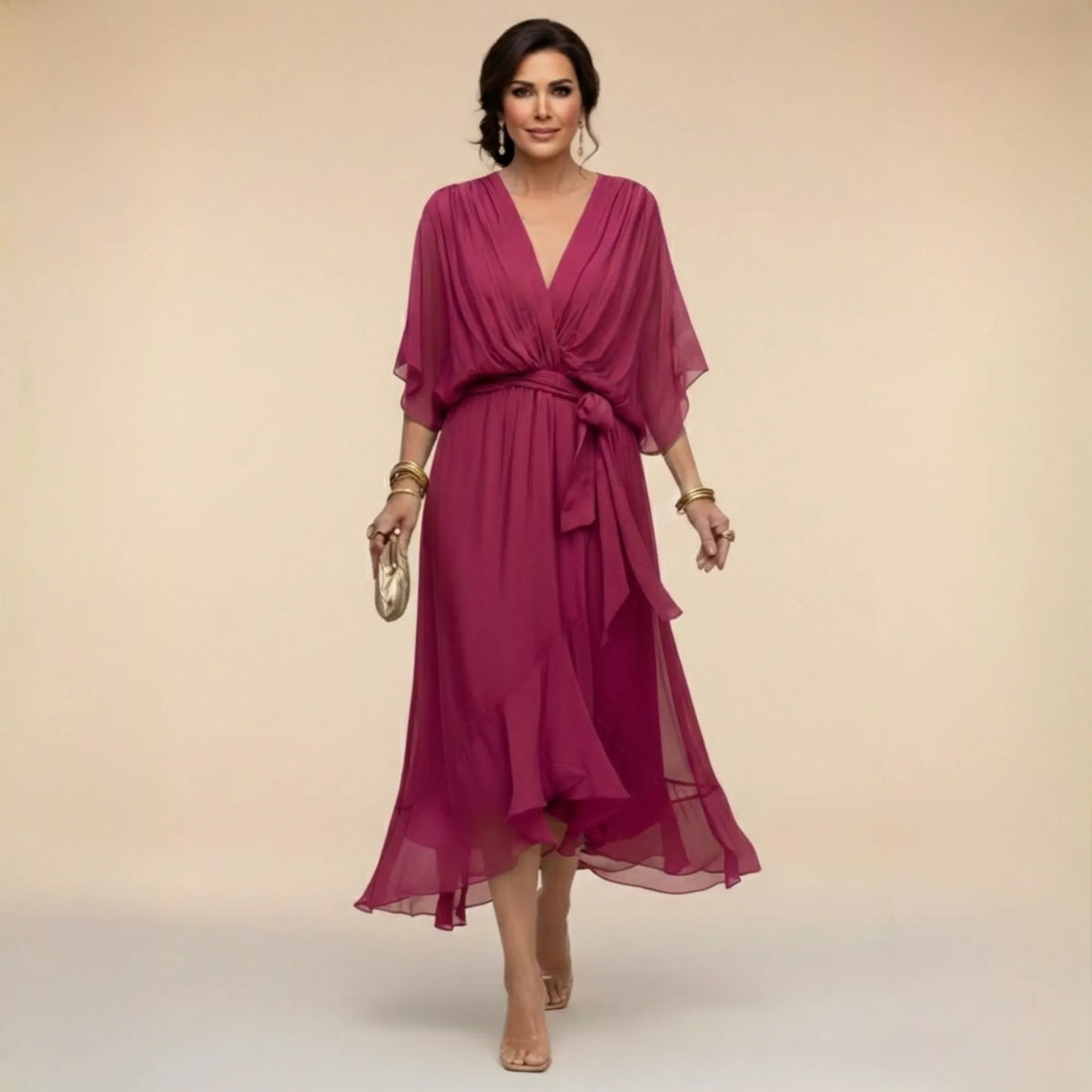 Women's Elegant Flowy Midi Dress with V-Neck and Tie Waist