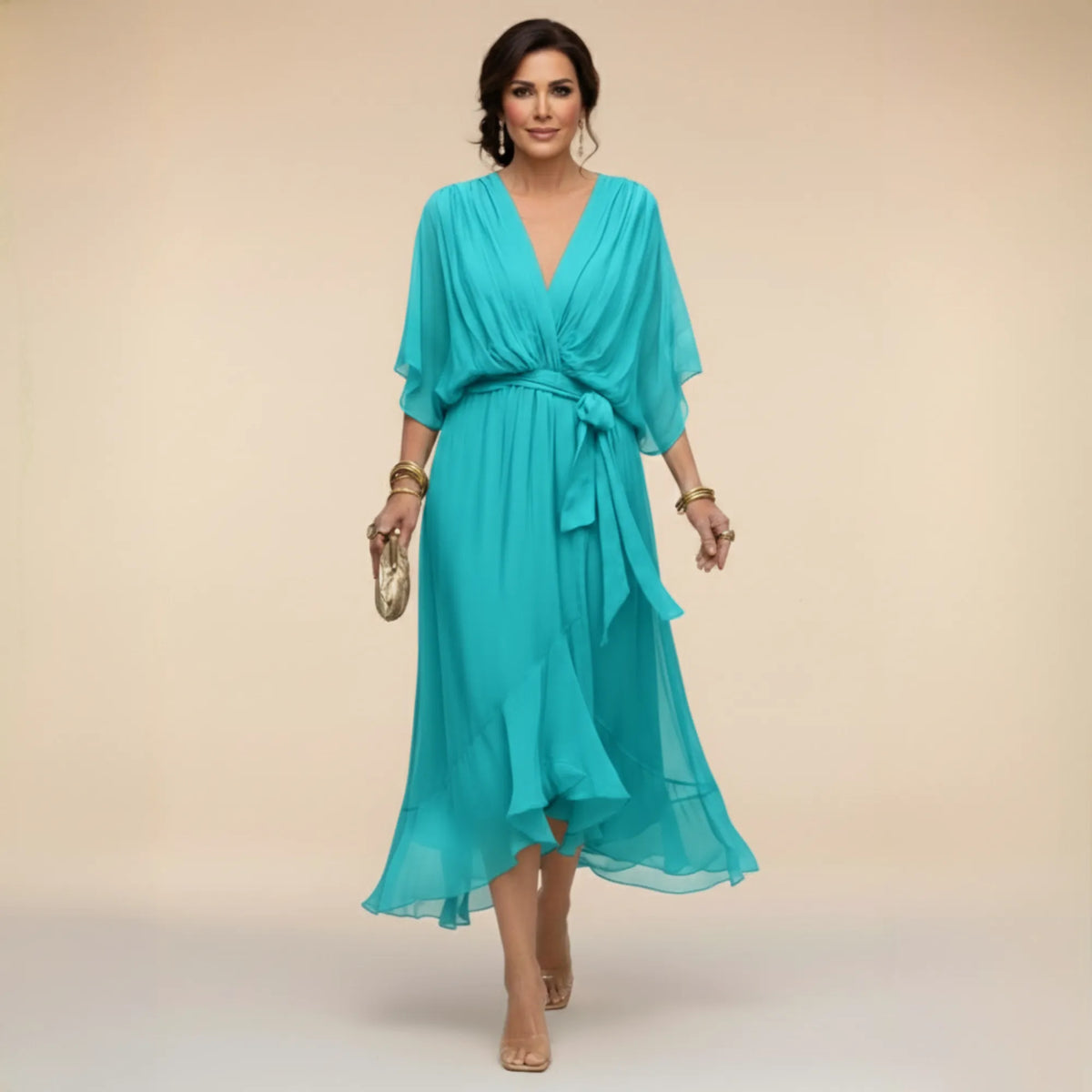 Women's Elegant Flowy Midi Dress with V-Neck and Tie Waist
