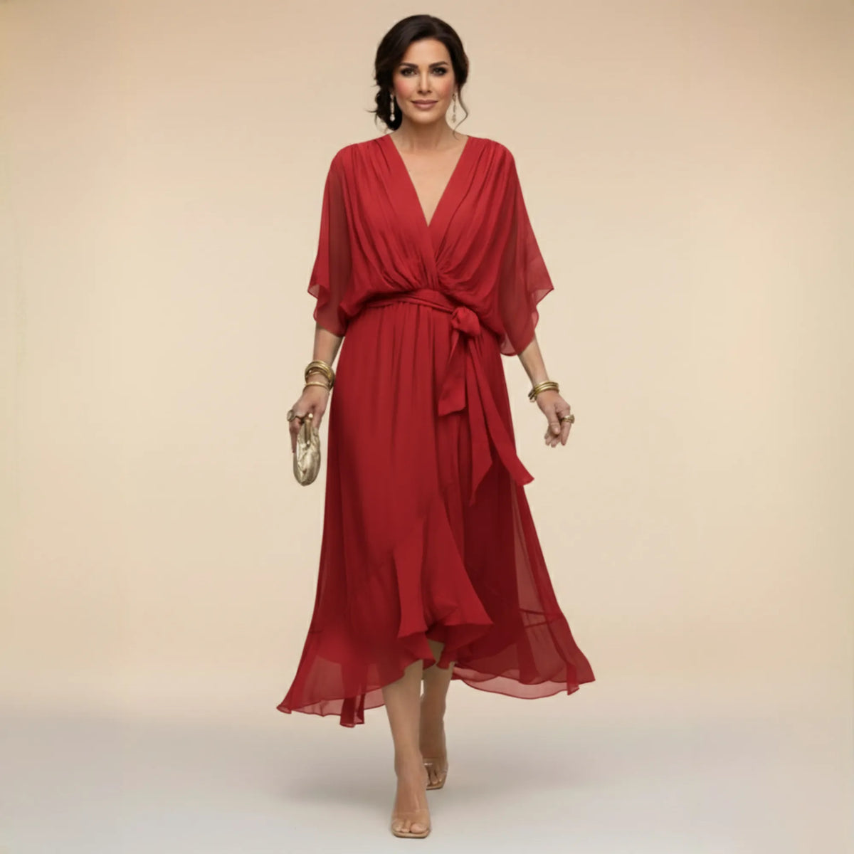 Women's Elegant Flowy Midi Dress with V-Neck and Tie Waist