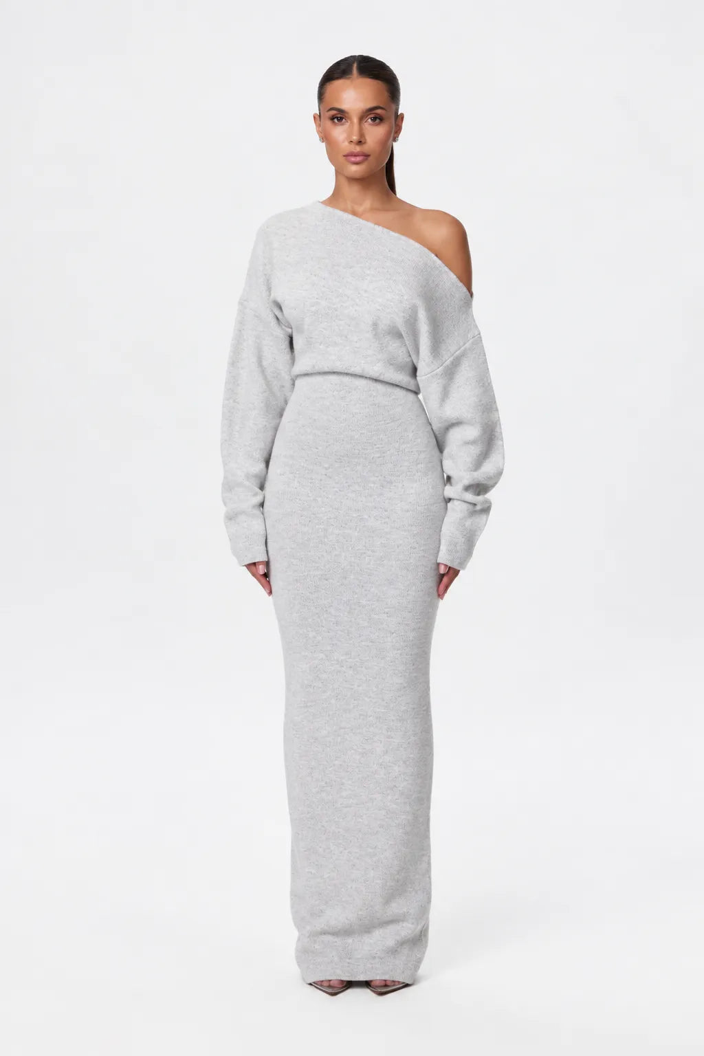 Women's Elegant Knit Maxi Dress with Off-Shoulder Neckline