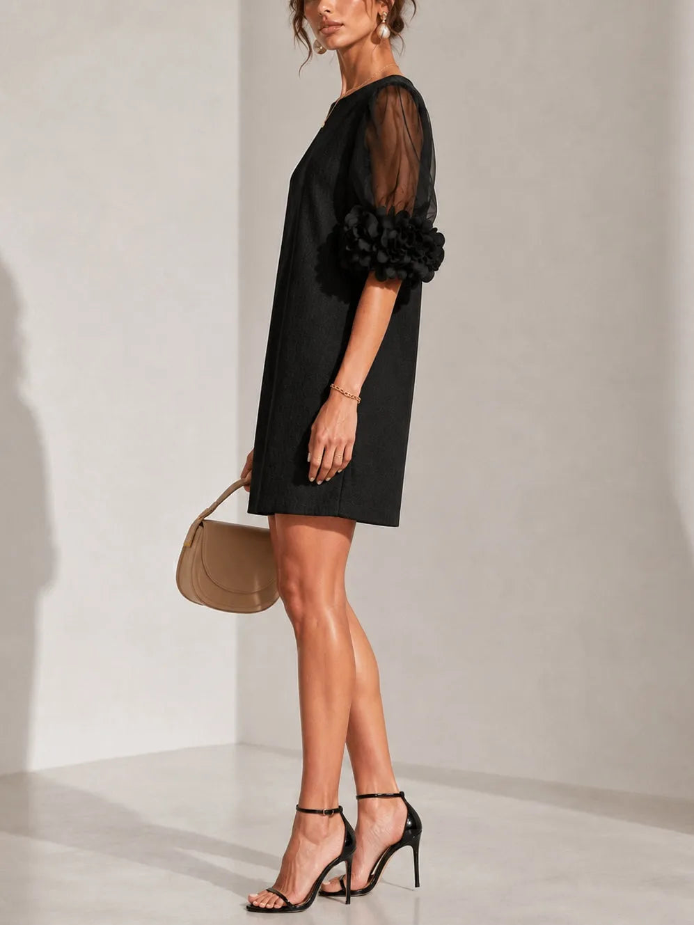 Women's Elegant Short Dress with Sheer Sleeves