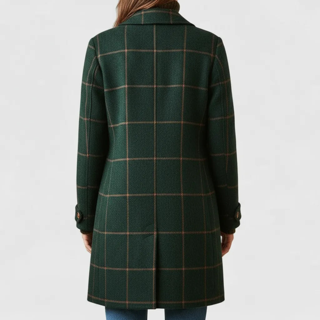 Women's Elegant Tailored Plaid Coat in Dark Green