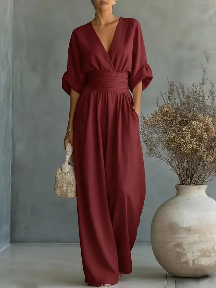 Women's Elegant V-Neck Wide Leg Jumpsuit