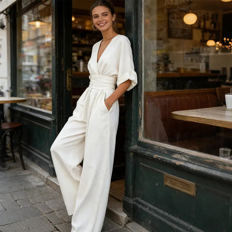 Women's Elegant V-Neck Wide Leg Jumpsuit