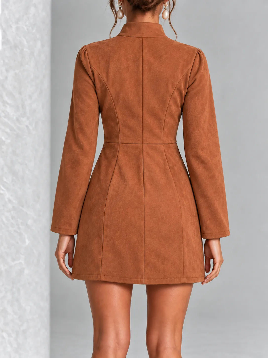 Women's Faux Suede Long-Sleeve Mini Dress with Front Zip