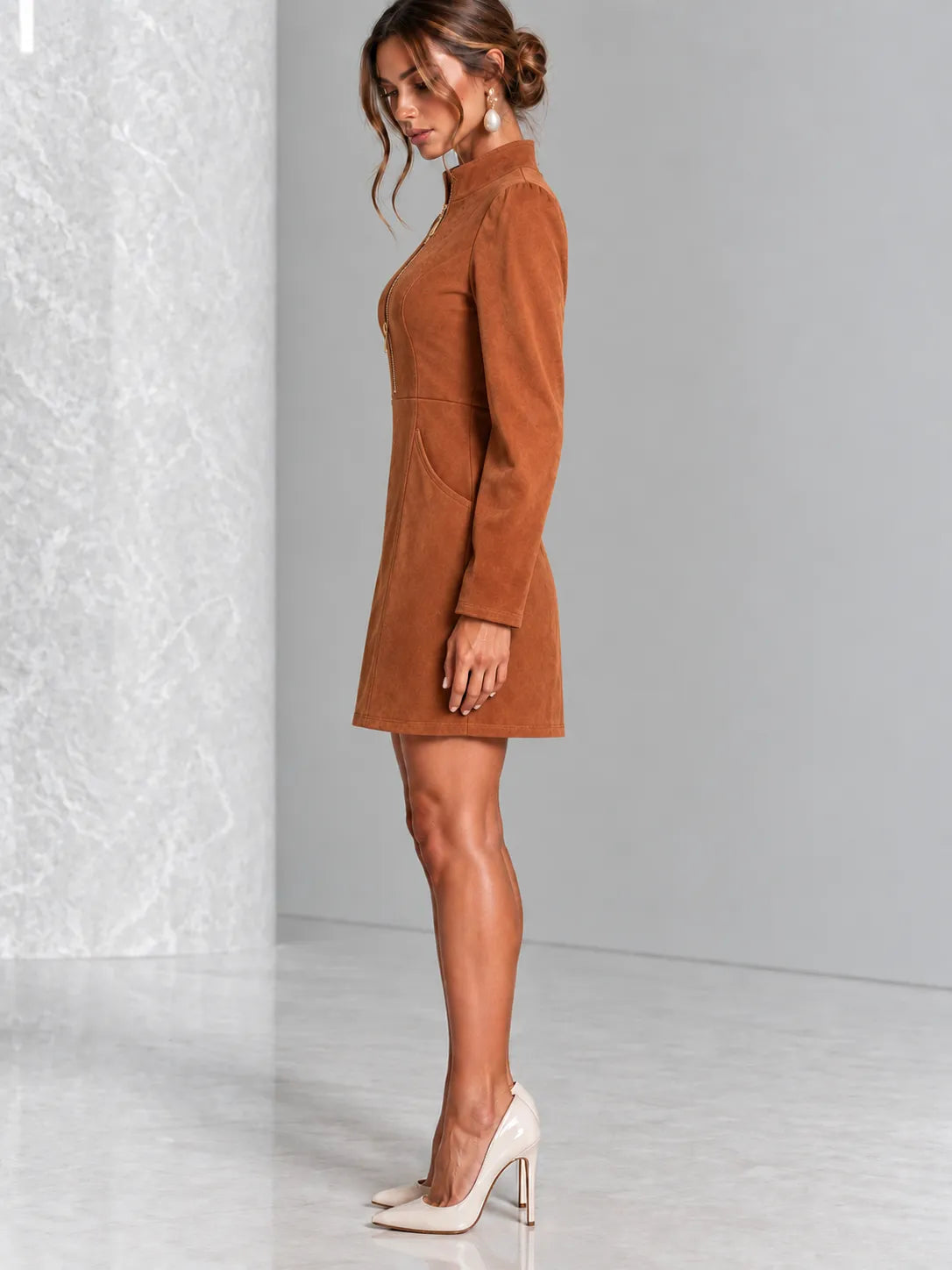 Women's Faux Suede Long-Sleeve Mini Dress with Front Zip