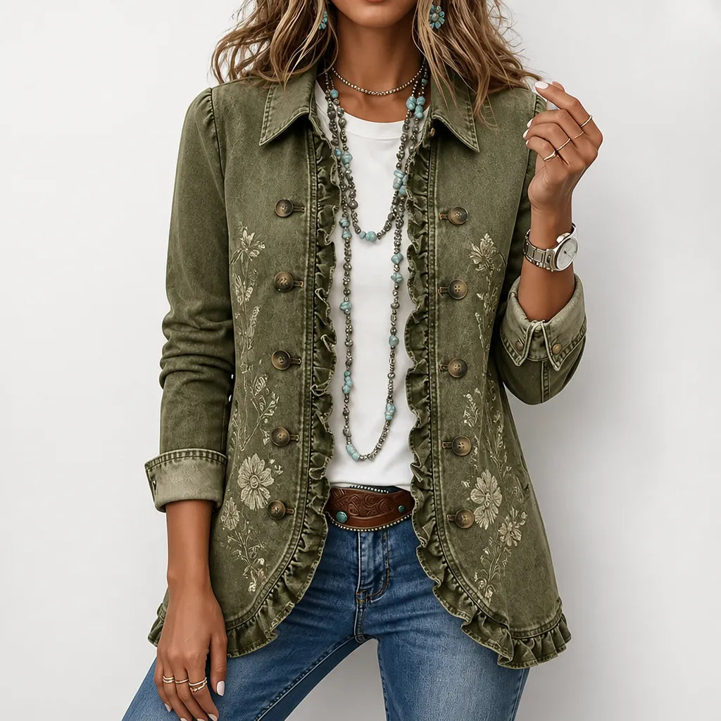 Women's Floral Embroidered Utility Jacket with Ruffle Hem