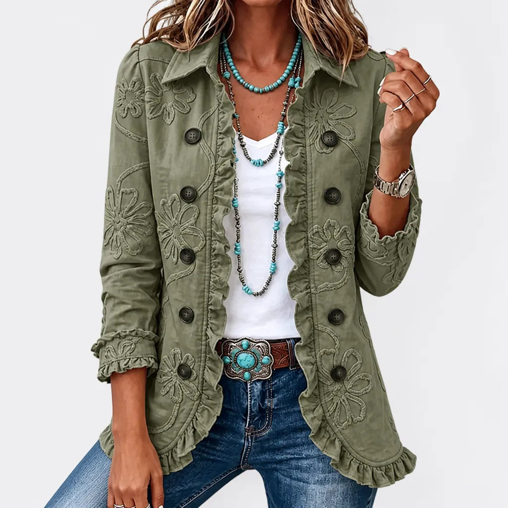 Women's Floral Embroidered Utility Jacket with Ruffle Hem