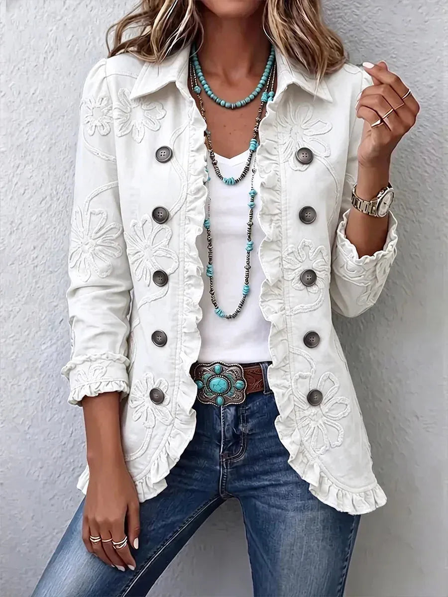 Women's Floral Embroidered Utility Jacket with Ruffle Hem