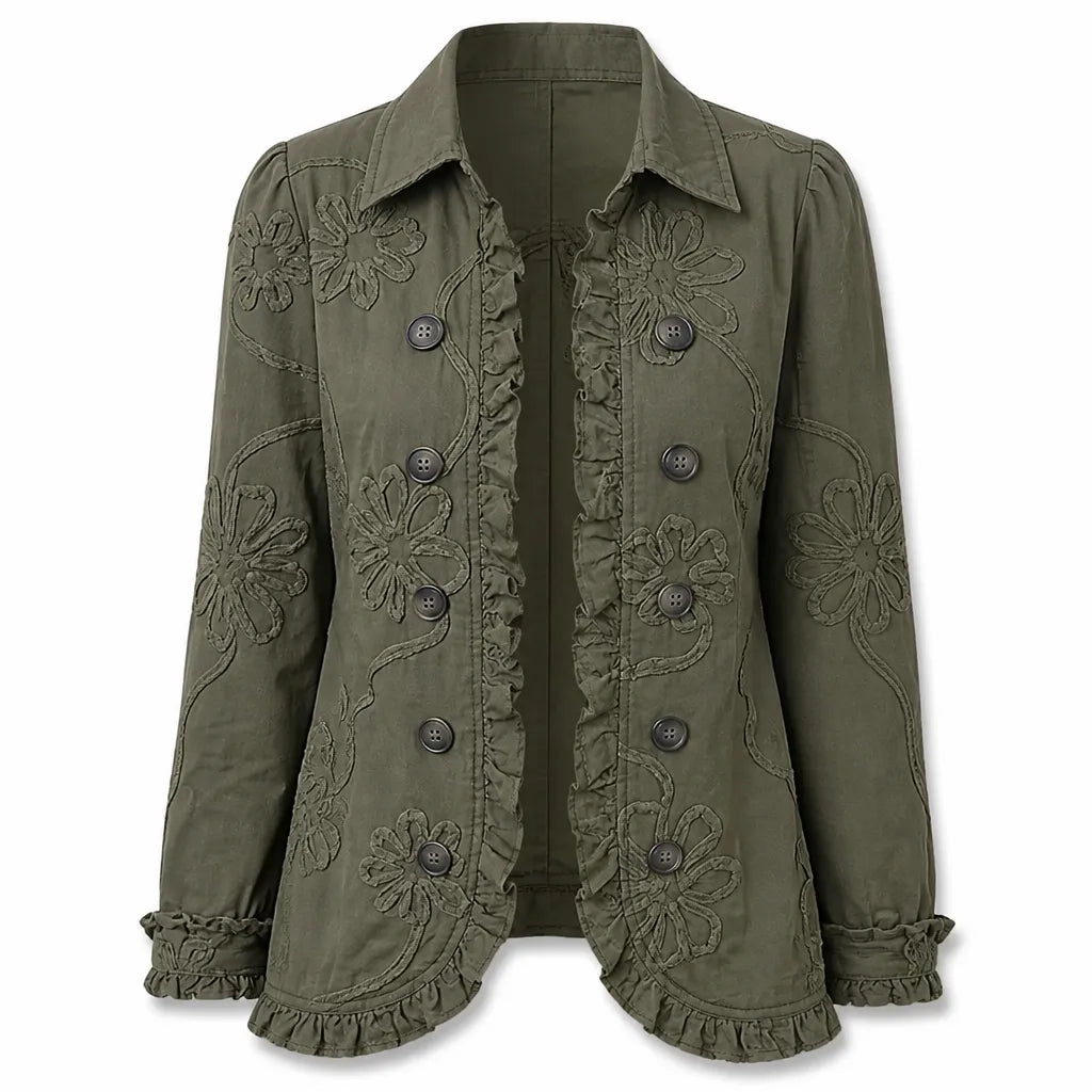 Women's Floral Embroidered Utility Jacket with Ruffle Hem