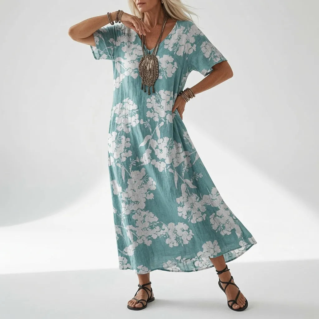 Women's Floral Midi Summer Dress with V-Neck and Flowing Fit
